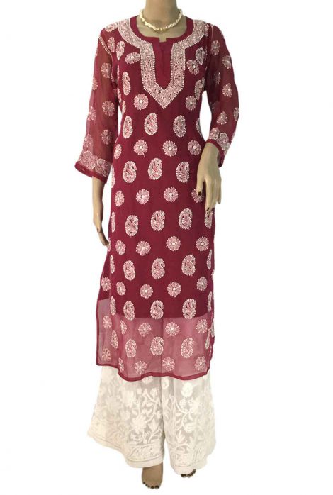 Maroon Ethnic Chikankari Georgette Kurti