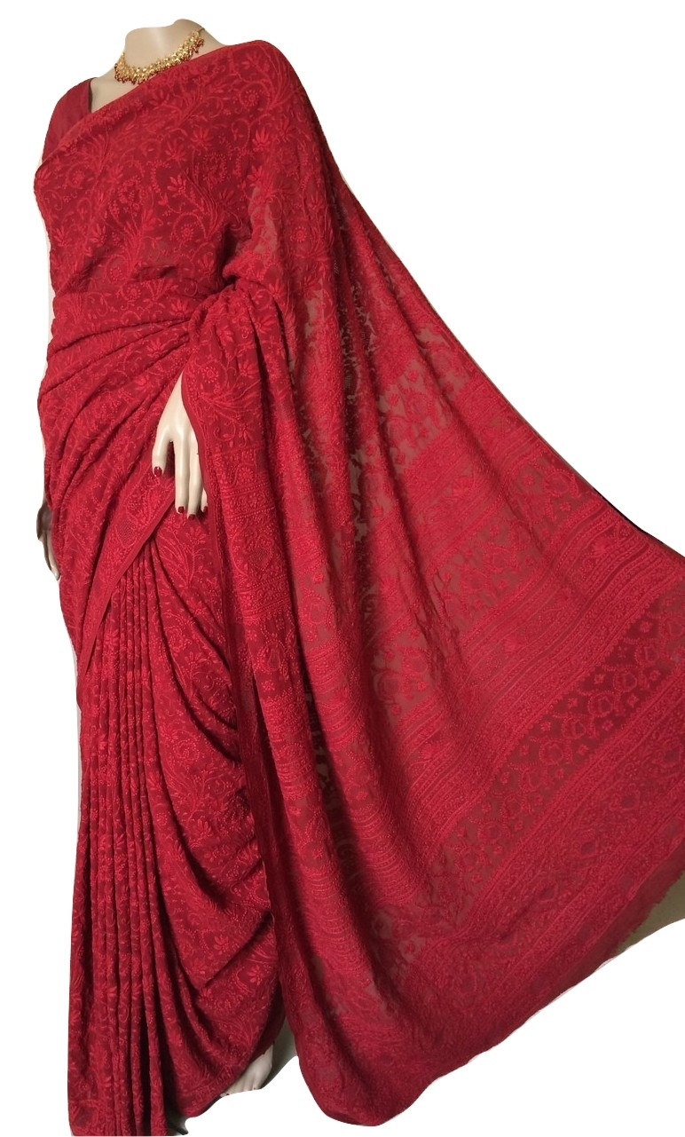 Buy White Hand Embroidered Lucknowi Chikankari Saree (Georgette-With Blouse)  17307 | www.maanacreation.com