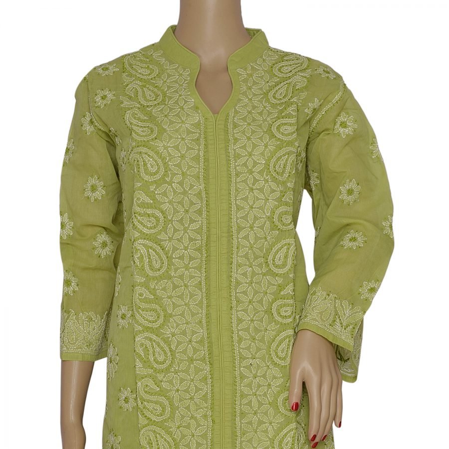Kurti Indien Brodé Main Lucknowi - Coton Blanc Longueur Genou